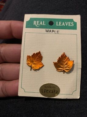 Vintage Real Maple Leaf Earrings - Metallic Orange